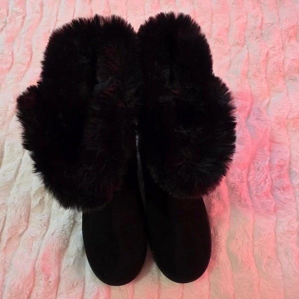 Black Faux Suede Mid-Calf Winter Boots with Faux Fur Trim and Button Detail Cozy
